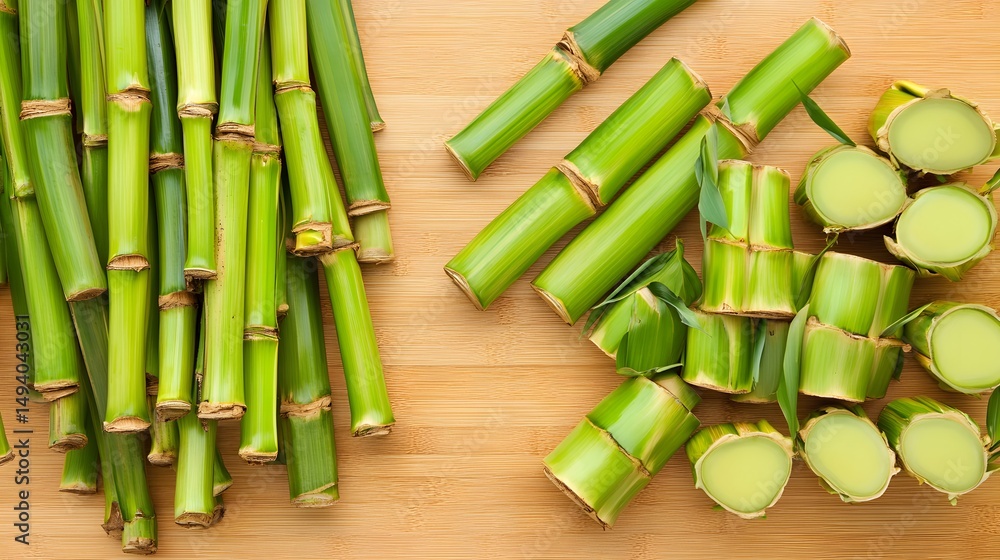 Fototapeta premium Fresh Green Sugarcane Stalks and Cut Pieces on Wooden Board