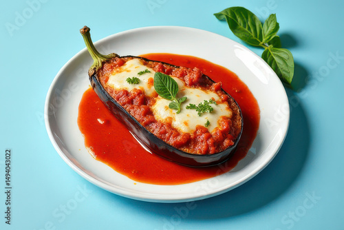 Delicious Eggplant Parmesan Brunch in Sunny Backyard Corner with Pastel Blue Background and Clean Food Photography Style