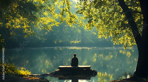 Fototapeta Naklejka Na Ścianę i Meble -  Peaceful person meditating by tranquil lake in forest.