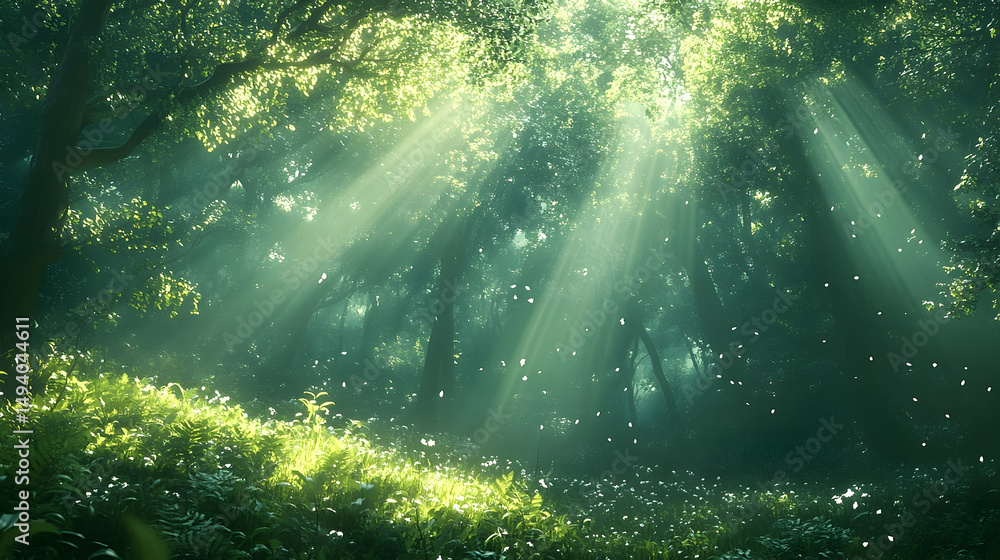 Fototapeta premium Lush forest bathed in radiant sunlight.