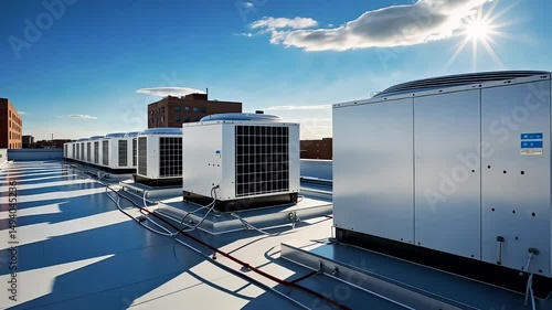 Rooftop view of industrial HVAC air conditioning units under bright blue sky with sun glare and shadows