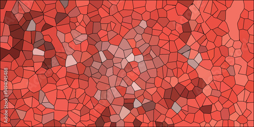 Abstract geometric mosaic illustration featuring various shades of red and orange ideal for backgrounds and graphic designs.