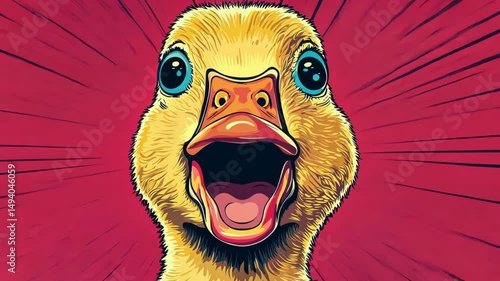 Vibrant illustration of a duck with an expressive face against a bold background.
