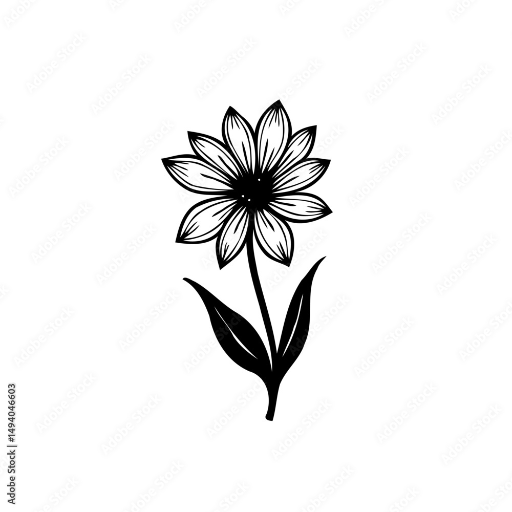 Delicate botanical illustration featuring a single daisy in black and white Delicate botanical illustration featuring a single daisy in black and white