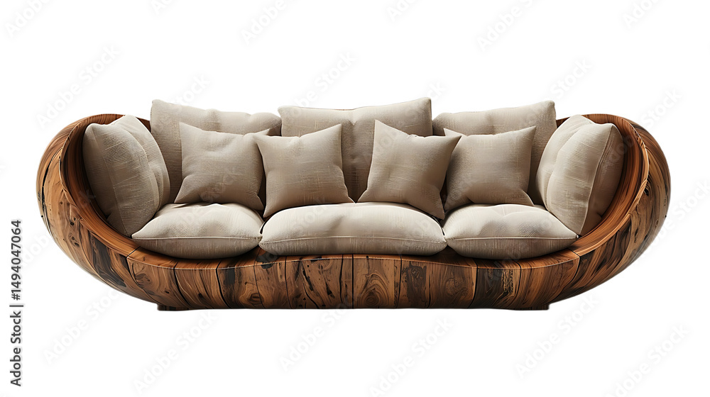 Obraz premium Curved hardwood sofa with tufted cushions isolated on transparent background