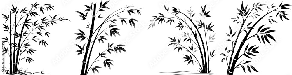 Obraz premium Bamboo Plant Silhouettes, Elegant Black Vector Set of Bamboo Stalks and Leaves for Asian and Botanical Designs