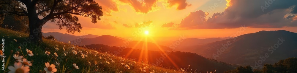 custom made wallpaper toronto digitalJoyful sunrise over a peaceful landscape, signifying new beginnings and hope after a period of darkness; a visual representation of resurrection and rebirth , orange, sunrise
