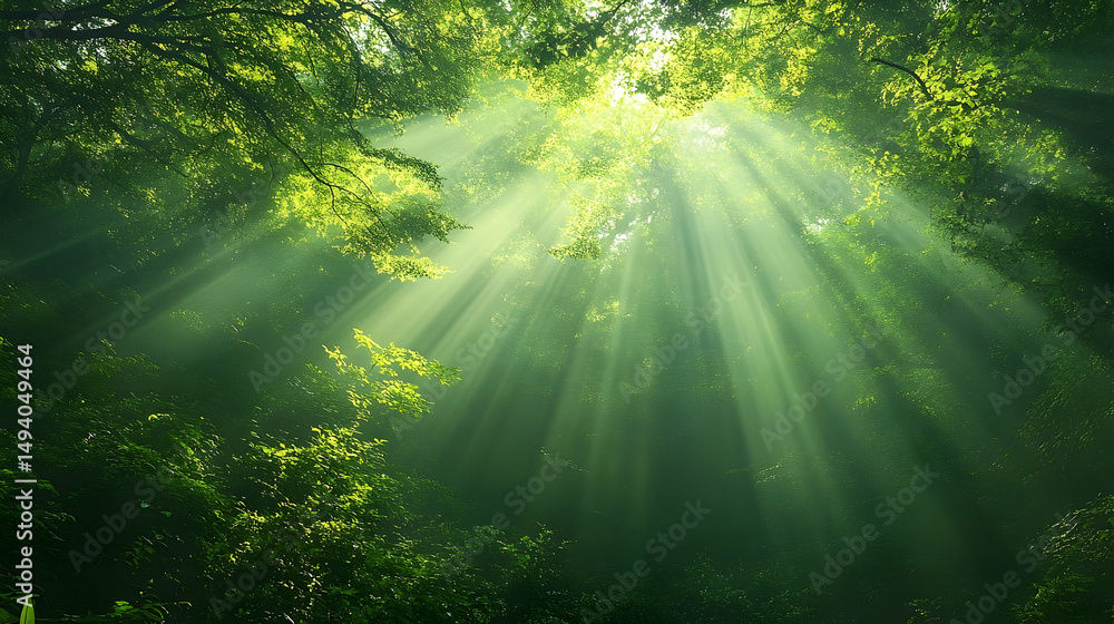 Fototapeta premium Lush forest canopy bathed in sunlight rays.