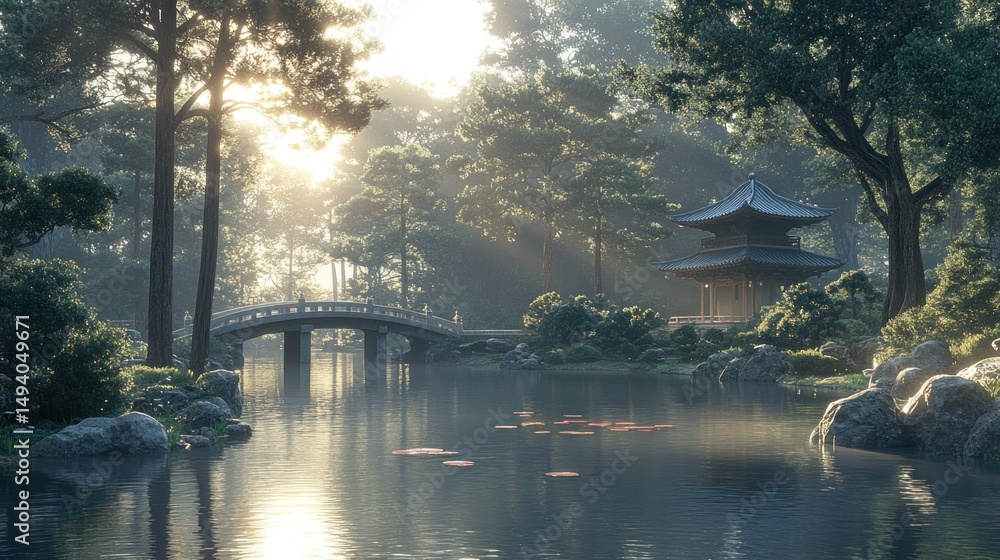 Fototapeta premium Tranquil Asian garden at dawn