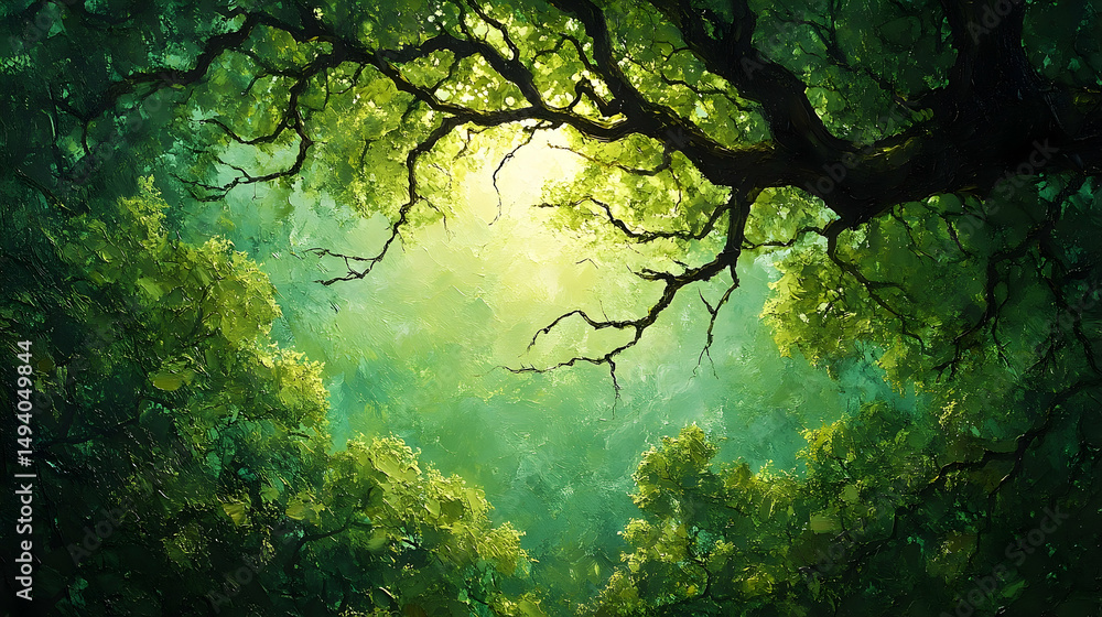Fototapeta premium Lush forest canopy with vibrant green foliage.
