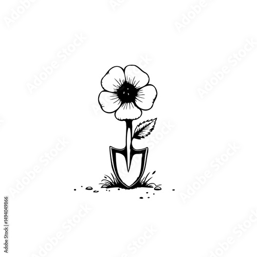Stylized botanical illustration of a spade supporting a single detailed flower