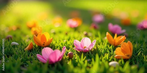 Vibrant fallen flower petals scattered on lush green grass, bathed in soft sunlight Perfect for spring, nature, and floral themes Close-up detail showcases delicate textures , romantic, element
