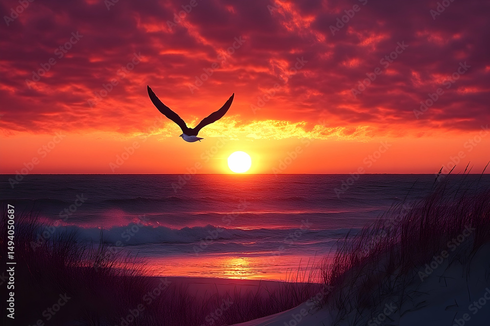 Dramatic sunset over ocean with soaring bird. Dramatic sunset over ocean with soaring bird.