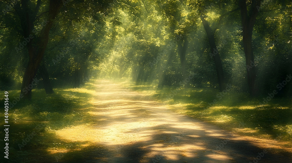 Naklejka premium Sunlight-dappled path within a verdant forest.