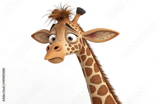 a whimsical 3d cartoon of a giraffe. The giraffe has a long neck covered in brown spots, large ears, and a tuft of messy hair on top of its head -generated by ai
