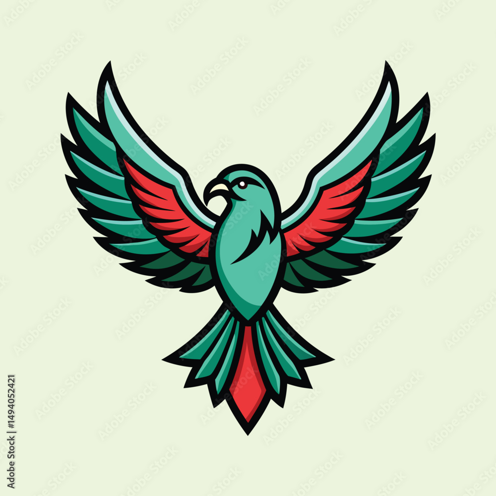 Obraz premium Stylized bird illustration with spread wings in teal, green and red colors