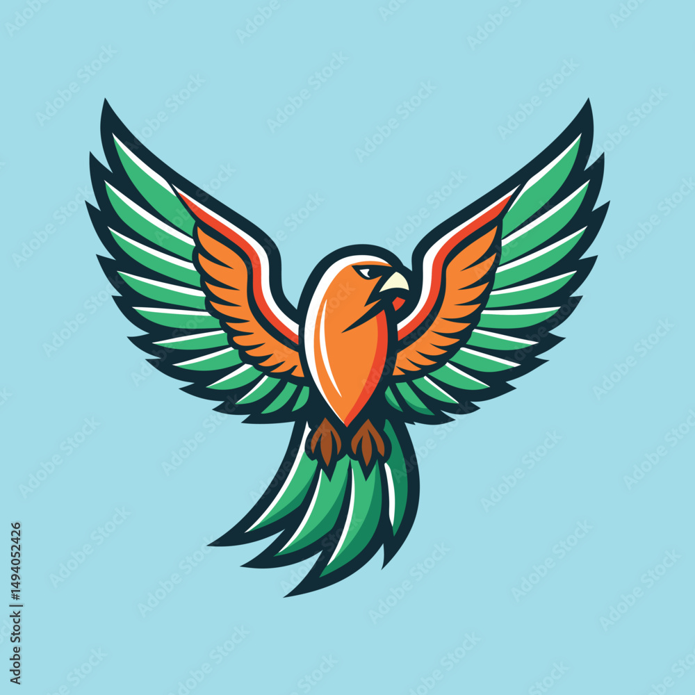 Fototapeta premium Stylized Green and Orange Parrot in Flight with Aggressive Expression Mascot