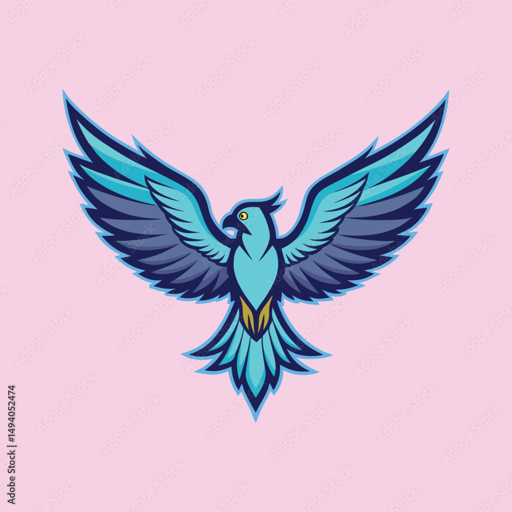 Obraz premium Stylized Blue Hawk Mascot Logo with a Pink Background and Open Wings