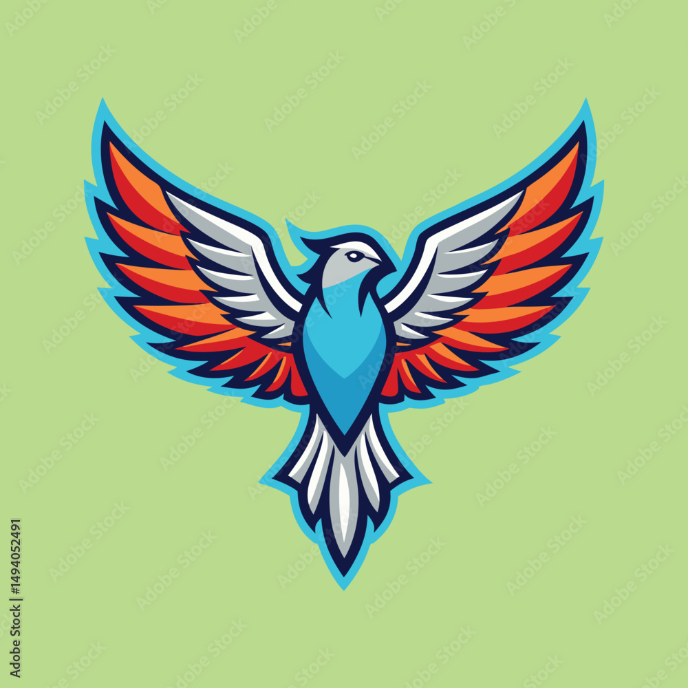 Obraz premium Majestic colorful bird mascot logo with spread wings on light green backdrop
