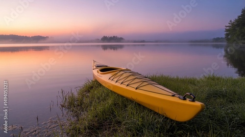 Colorful Kayak at Lake Edge During Sunrise Glow