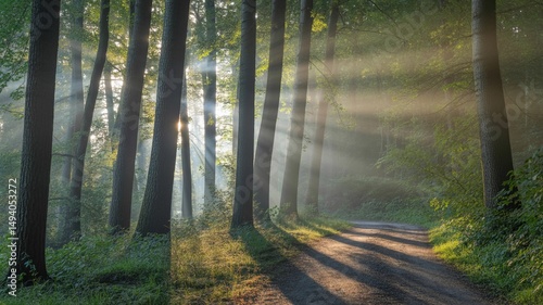 Pathway Through Forest Lit by Sunset Rays
