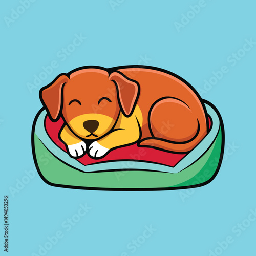 Cartoon dog sleeping peacefully in a cozy bed on a light blue background