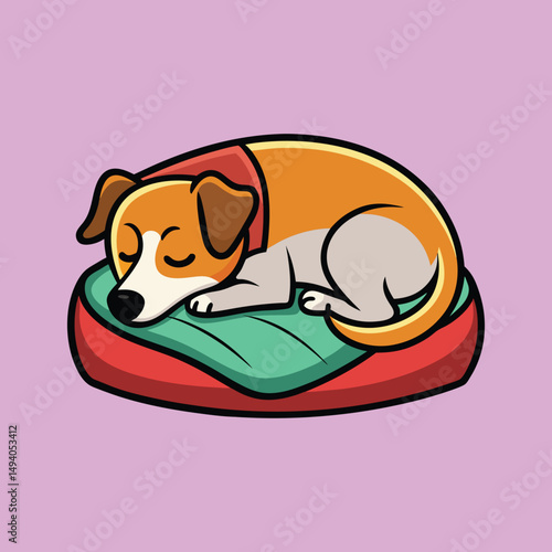Cute cartoon dog sleeping peacefully on a comfy dog bed illustration
