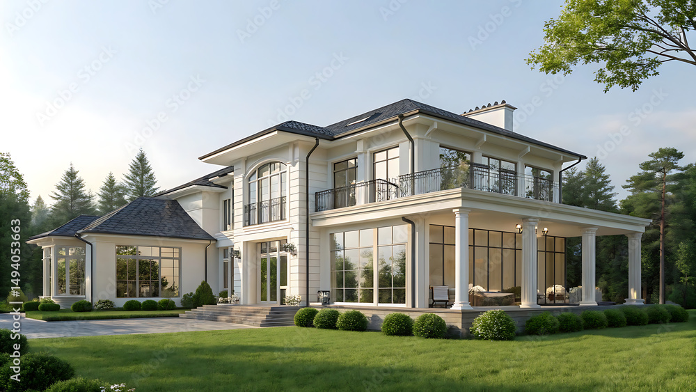 3d rendering of modern two story house with gray and wood accents, large windows, parking space in the right side of the building. Clear summer evening with cozy light from window 3d rendering of modern two story house with gray and wood accents, large windows, parking space in the right side of the building. Clear summer evening with cozy light from window