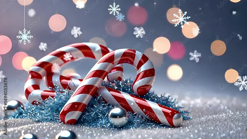 Festive red and white candy canes surrounded by snowflakes, glitter and baubles on holiday background