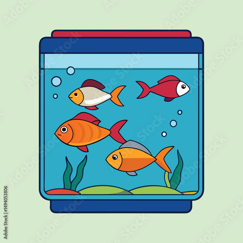 Stylized Fish Tank Illustration with Colorful Fish and Aquatic Plants, Minimalistic Design