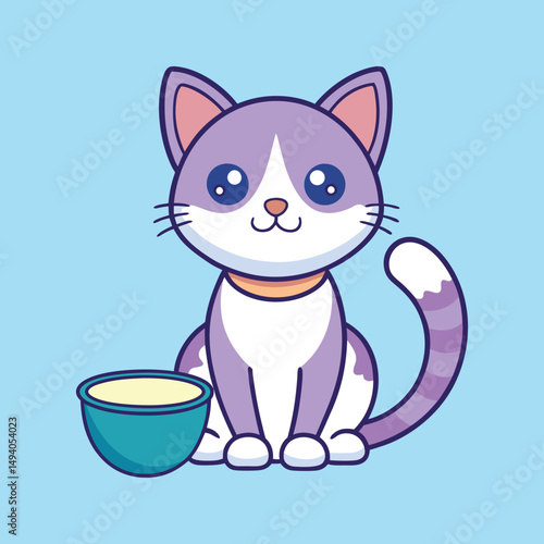 Cartoon Cat with Big Eyes Sitting Beside a Bowl of Food