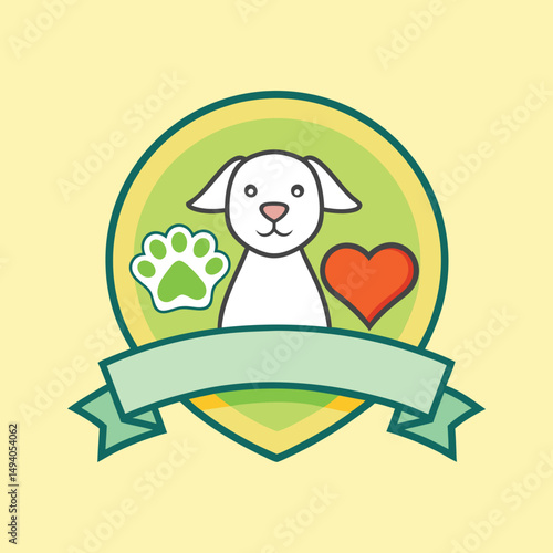 Cartoon animal welfare emblem with dog, paw print, and heart design