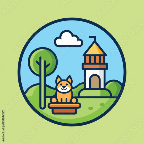 Dog sits on bench in front of tower, tree, and scenic background
