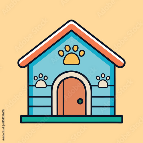 Stylized cartoon doghouse illustration in pastel colors on a peach background