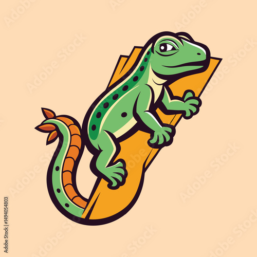Cartoon Gecko Mascot Clinging to Orange Plank, Playful and Vibrant Art