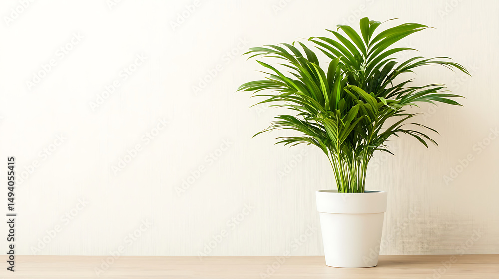 Fototapeta premium Vibrant indoor flower plant areca palm in white pot, adding touch of nature and freshness to room decor