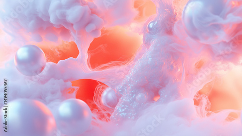 A vibrant display of soft pink and white clouds interspersed with glowing pearls creates an enchanting, dreamlike atmosphere, evoking a sense of wonder and beauty