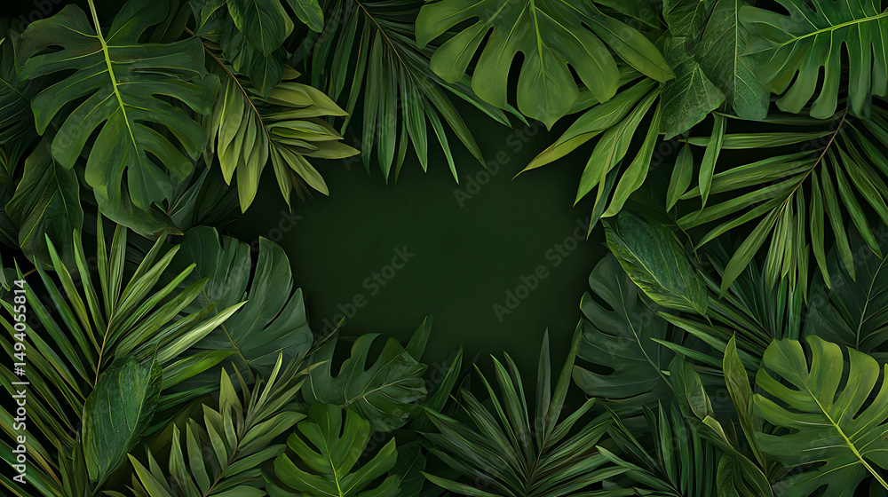 Lush green leaves create vibrant tropical background, showcasing various textures and shades of green, evoking sense of nature beauty Lush green leaves create vibrant tropical background, showcasing various textures and shades of green, evoking sense of nature beauty