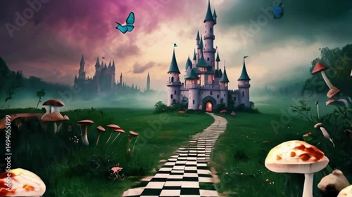 Alice in Wonderland theme poster, Fantasy Landscape with Mushrooms, Castle, Butterflies, and a Checkered Path. Magical Animation Footage, Background, created with generative ai
