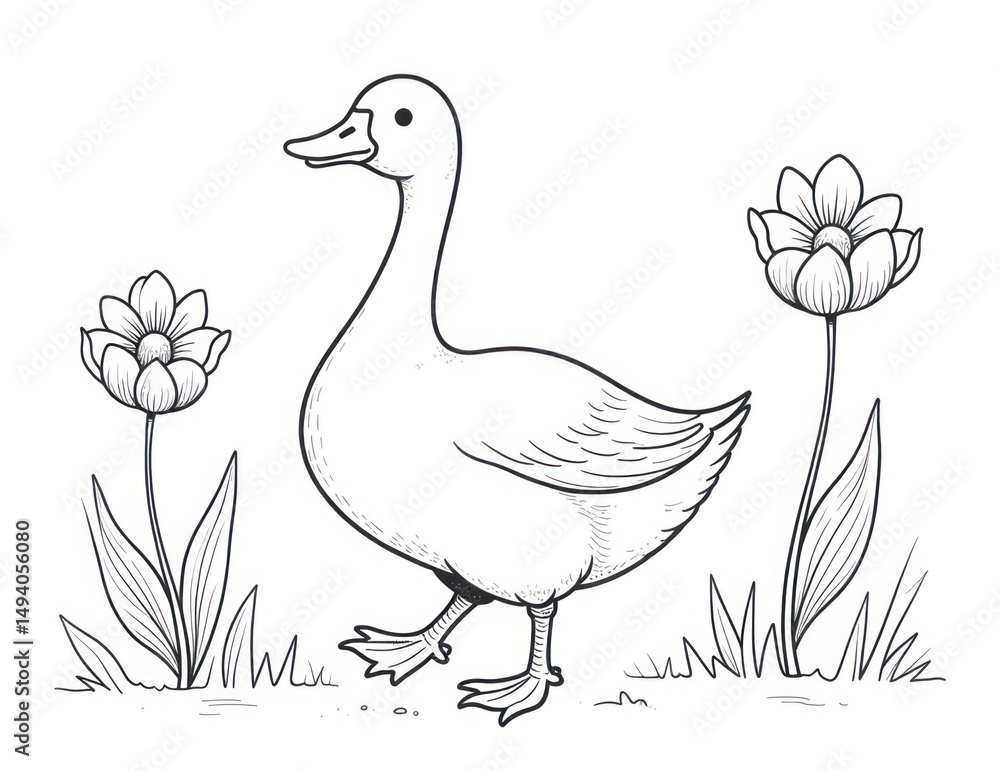 Obraz premium Duck and Flowers: A Relaxing Coloring Page. Stress relief coloring page for adults and kids. Ready to print on standard 8.5x11 inch paper
