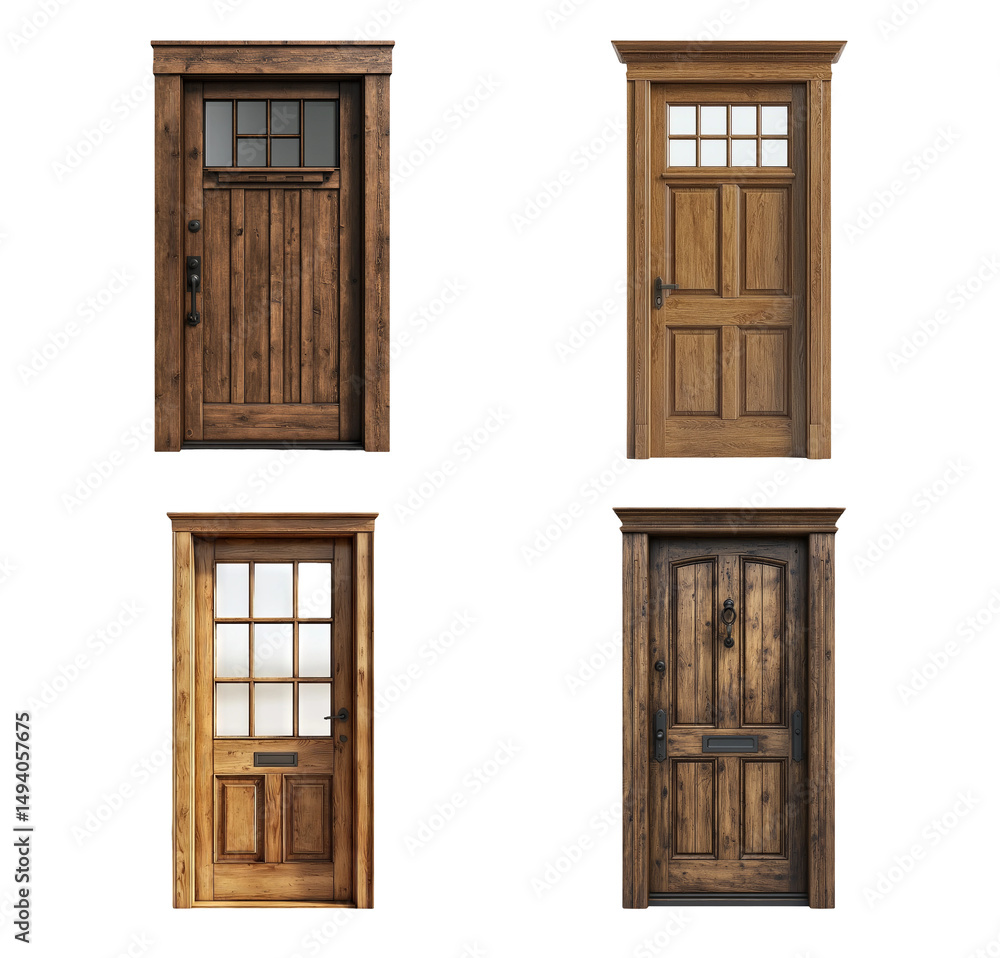 Obraz premium Various Wooden Doors with Traditional Designs on Transparent Background