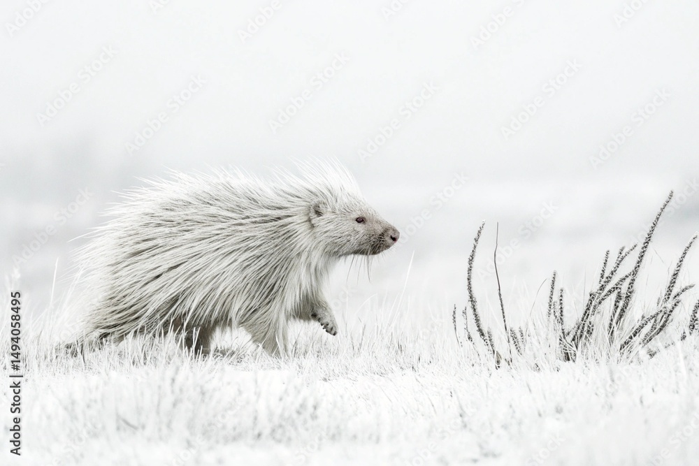 Obraz premium Ultra-minimalist fine art photograph of an albino porcupine standing alone in a meadow under soft overcast light. The entire scene is nearly white-on-white - generated by ai