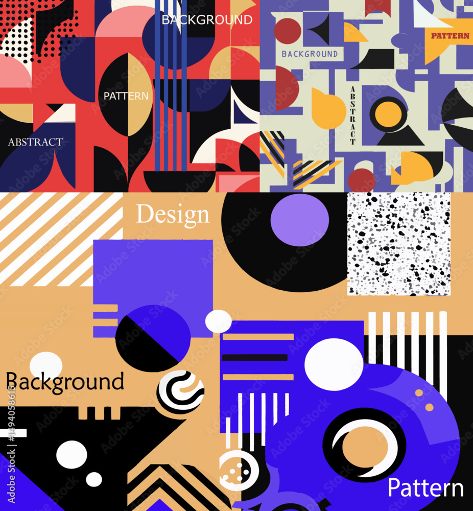 Obraz premium Set of bold mosaic style abstract composition with geometric shapes background. Minimalist and modern vector pattern background collection for posters, festivals, music, parties, and trendy banners