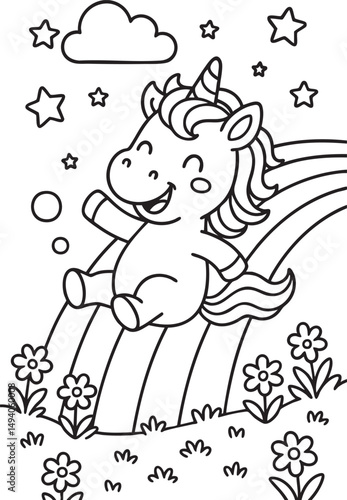 Whimsical Unicorn Scene for Children’s Coloring Book