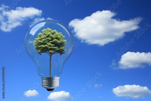 Green Energy Concept Tree Inside Lightbulb Blue Sky