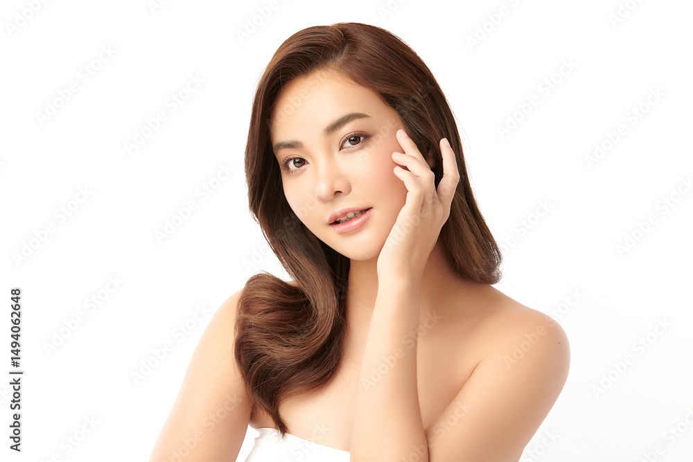 A beautiful young Asian woman with clean, fresh skin against a white background. Skincare, facial treatment, cosmetology, beauty, and spa. An elegant portrait of an Asian woman. A beautiful young Asian woman with clean, fresh skin against a white background. Skincare, facial treatment, cosmetology, beauty, and spa. An elegant portrait of an Asian woman.