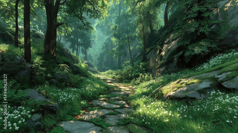 Obraz premium Lush, sunlit pathway through a verdant forest.