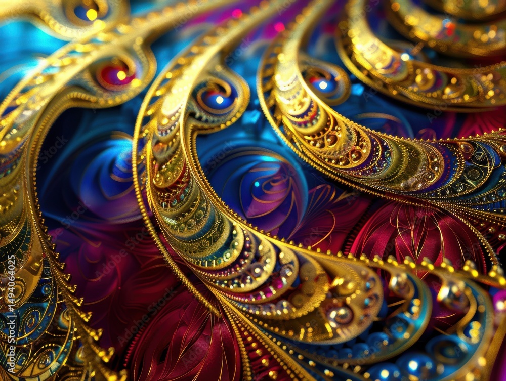 Fototapeta premium Golden fractal patterns intertwine with electric blue and deep red hues, a premium render of sacred geometry math.