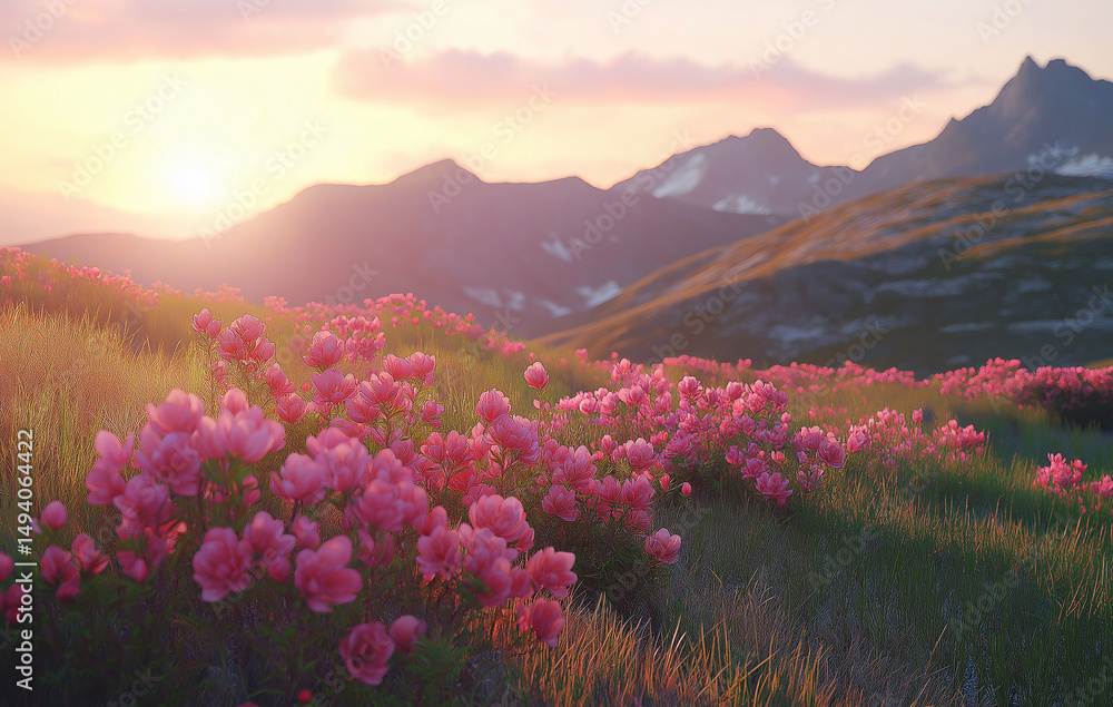 Fototapeta premium the sun sets behind the mountains, casting warm hues across the sky as vibrant pink .