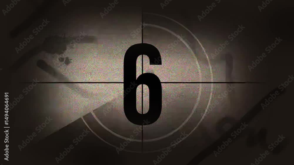 Countdown old film from 10 to 0 number. Vintage old film movie timer count in grey retro style animation